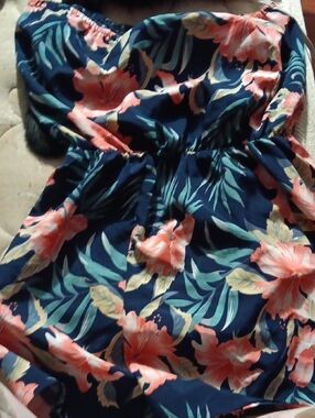 Navy Floral Strapless Romper with Coral Hibiscus Print